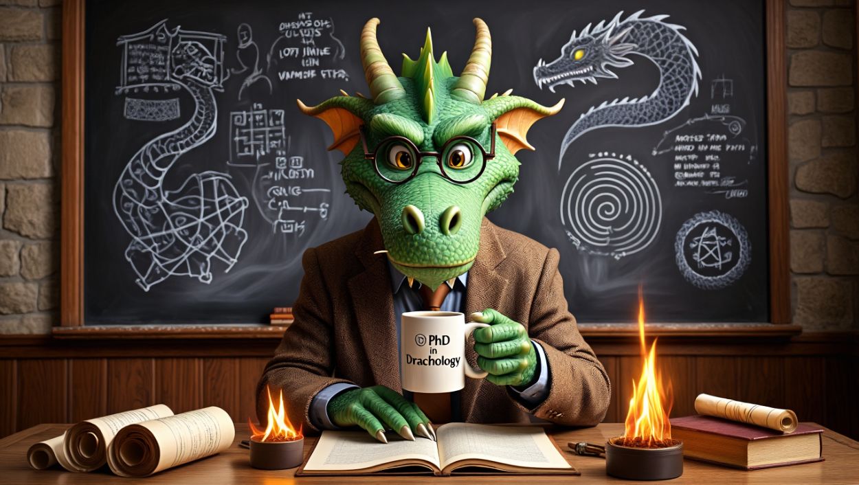 Ein grüner Drache mit Brille und Tweedjacke sitzt vor einer Tafel voller mystischer Zeichnungen. In seinen Klauen hält er eine Tasse mit der Aufschrift „PhD in Drachology“. Um ihn brennen kleine Feuer auf antiken Schriftrollen. Humorvolle, akademisch-absurde Szene im Fantasy-Stil.
