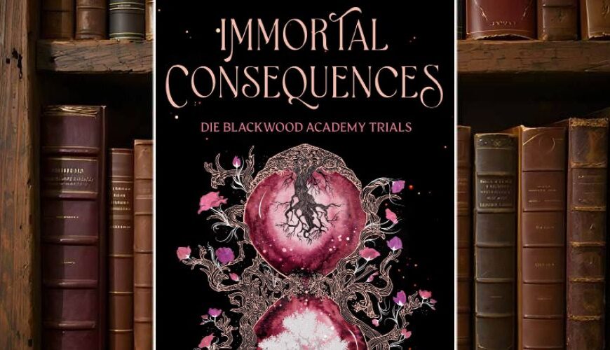 Cover von Immortal Consequences: Eine weibliche Gestalt vor düster-magischem Hintergrund mit floralen Ornamenten. Die Farben erinnern an Lavendel, Tod und TikTok – ganz in limitierter Farbschnitt-Manier.