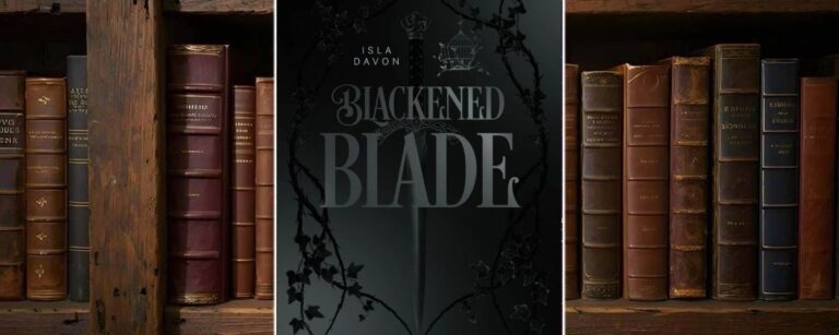 Schwarzes Cover von The Blackened Blade von Isla Davon: minimalistische Gestaltung mit Schwert, Rankenornamenten und Krone, komplett in Schwarz gehalten, typisches TikTok-Ästhetik-Marketing mit „Blackmode“-Effekt.