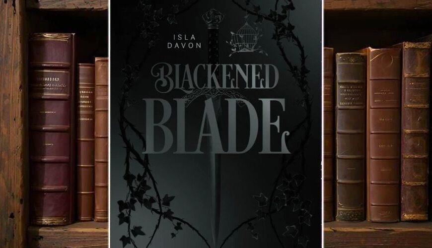 Schwarzes Cover von The Blackened Blade von Isla Davon: minimalistische Gestaltung mit Schwert, Rankenornamenten und Krone, komplett in Schwarz gehalten, typisches TikTok-Ästhetik-Marketing mit „Blackmode“-Effekt.