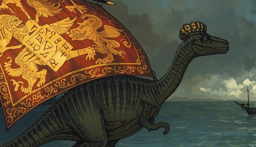 Satirische Fantasy-Illustration: Ein Dinosaurier mit riesigem, heraldisch bemaltem Rückensegel steht auf einer Klippe über dem Meer der Isle of Wight. Im Hintergrund segeln Schiffe, während das Segel wie ein übertriebenes Wappenbanner wirkt.