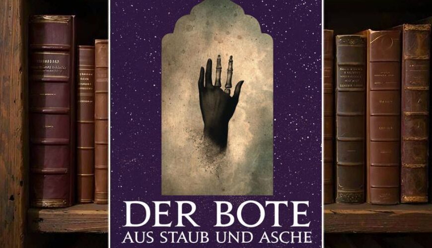 Cover von „Der Bote aus Staub und Asche“ von J. M. Miro: Vor dunkelviolettem Sternenhimmel ragt ein steinerner Torbogen, darin eine schwarze Hand, deren Finger teils skelettiert sind. Der Titel prangt in weißen Lettern darunter. Düster, minimalistisch, mit unheimlicher Symbolik.
