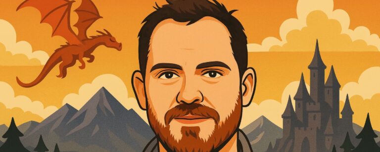 Cartoonhafte Illustration von Joe Abercrombie mit Bart, wachem Blick und schwarzem Hemd, vor stilisiertem Hintergrund im Querformat.