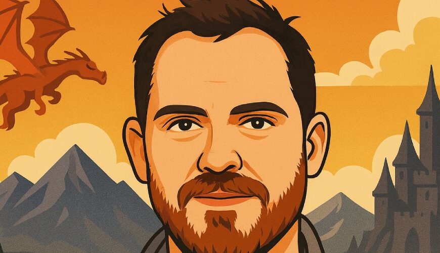 Cartoonhafte Illustration von Joe Abercrombie mit Bart, wachem Blick und schwarzem Hemd, vor stilisiertem Hintergrund im Querformat.