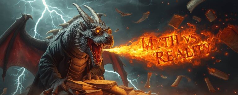 Epischer Fantasy-Drache mit Brille und Professorenmantel steht auf einem chaotischen Haufen alter Bücher. Er speit Feuer, das die Worte „Myth vs Reality“ formt, während im Hintergrund Blitze einschlagen und lose Blätter durch die Luft wirbeln. Humorvolle und dramatische Darstellung im cineastischen Stil.