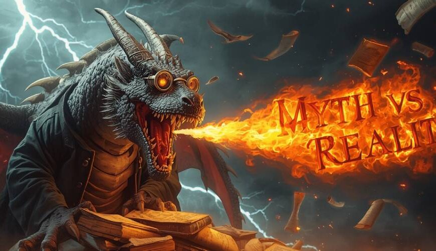 Epischer Fantasy-Drache mit Brille und Professorenmantel steht auf einem chaotischen Haufen alter Bücher. Er speit Feuer, das die Worte „Myth vs Reality“ formt, während im Hintergrund Blitze einschlagen und lose Blätter durch die Luft wirbeln. Humorvolle und dramatische Darstellung im cineastischen Stil.