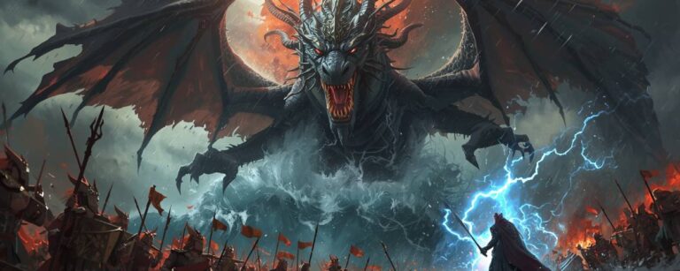 Eine gigantische Chaosdrachen-Gestalt (Tiâmat) erhebt sich tosend aus stürmischer Flut. Ihre riesigen Schwingen breiten sich vor einem feuerroten Himmel aus. Unten formieren sich Armeen mit Speeren und Bannern, während ein einsamer Krieger mit leuchtendem Blitzschwert gegen den Koloss antritt. Epische, apokalyptische Fantasy-Szene.