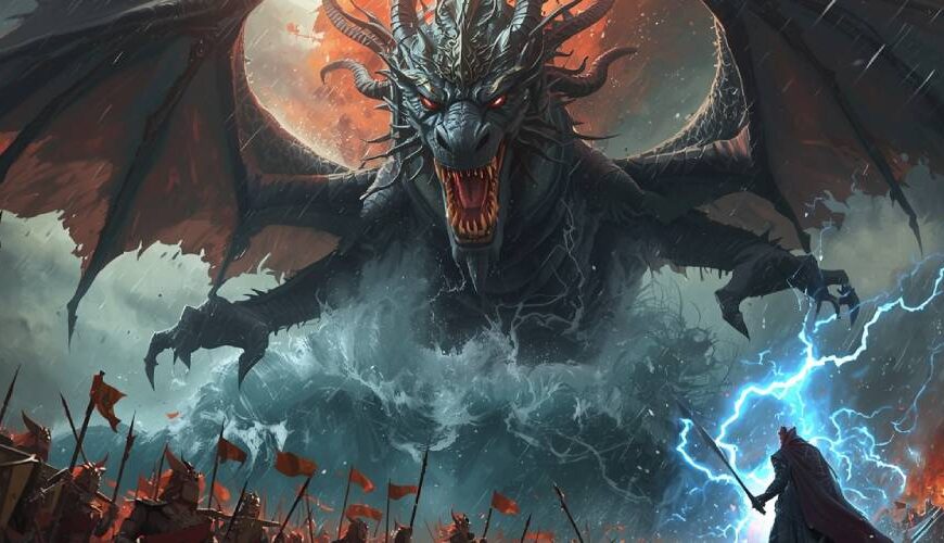 Eine gigantische Chaosdrachen-Gestalt (Tiâmat) erhebt sich tosend aus stürmischer Flut. Ihre riesigen Schwingen breiten sich vor einem feuerroten Himmel aus. Unten formieren sich Armeen mit Speeren und Bannern, während ein einsamer Krieger mit leuchtendem Blitzschwert gegen den Koloss antritt. Epische, apokalyptische Fantasy-Szene.