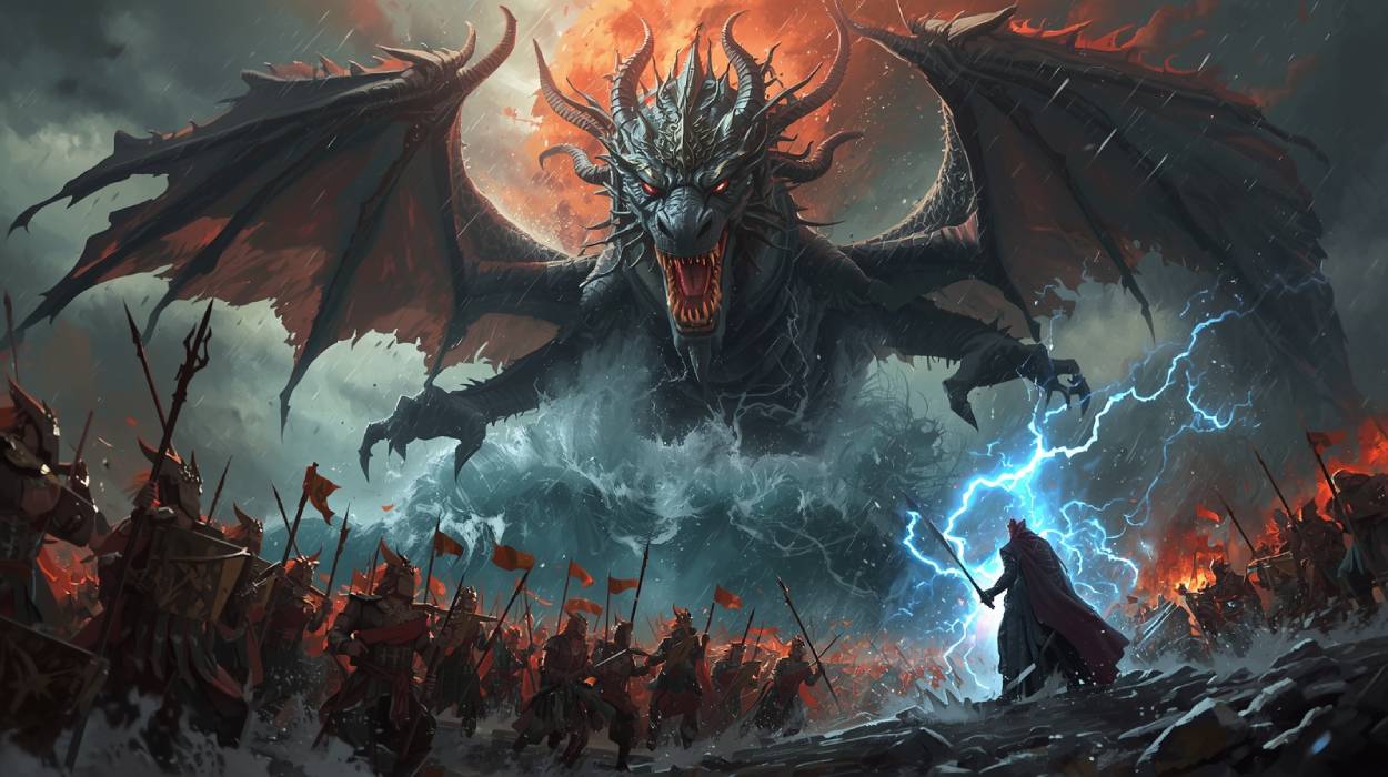 Epischer Fantasy-Drache mit Brille und Professorenmantel steht auf einem chaotischen Haufen alter Bücher. Er speit Feuer, das die Worte „Myth vs Reality“ formt, während im Hintergrund Blitze einschlagen und lose Blätter durch die Luft wirbeln. Humorvolle und dramatische Darstellung im cineastischen Stil.