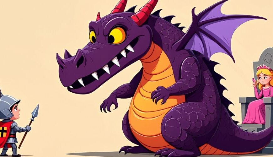 Cartoonartige Szene: Ein winziger Ritter mit Lanze steht vor einem großen, lilafarbenen Drachen mit riesigen grünen Augen und breitem Grinsen. Im Hintergrund sitzt eine Prinzessin in rosa Kleid, die neugierig zuschaut. Humorvolle Darstellung im 3D-Cartoonstil.