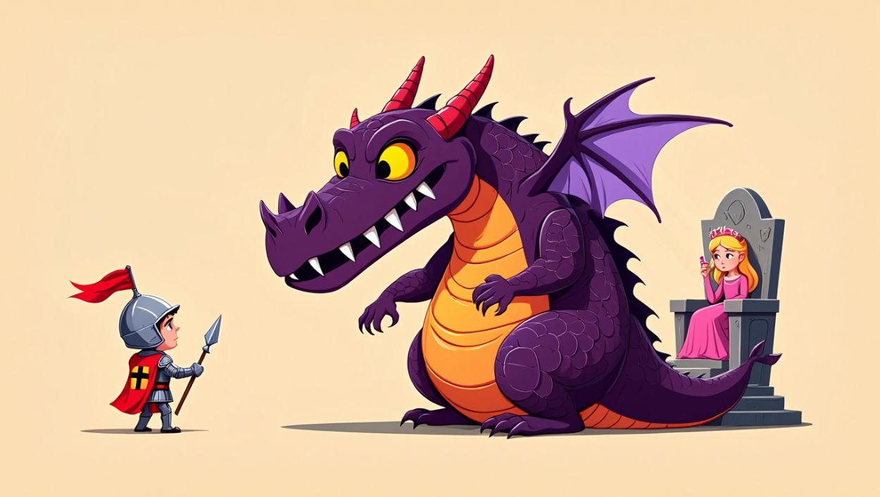Cartoonartige Szene: Ein winziger Ritter mit Lanze steht vor einem großen, lilafarbenen Drachen mit riesigen grünen Augen und breitem Grinsen. Im Hintergrund sitzt eine Prinzessin in rosa Kleid, die neugierig zuschaut. Humorvolle Darstellung im Cartoonstil.