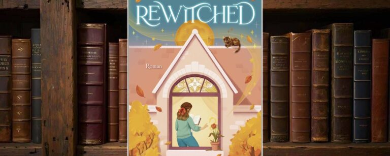 Cover des Romans Rewitched von Lucy Jane Wood: Herbstliche Szene mit einem Hausgiebel, im Fenster steht eine junge Frau mit offenem Buch, umgeben von goldenen Blättern und einem Blumentopf. Über ihr leuchtet der Schriftzug vor Nachthimmel mit Sternen, Mond und einer Katze auf dem Dach. Stilisiert, bunt und einladend im typischen Cosy-Fantasy-Stil.