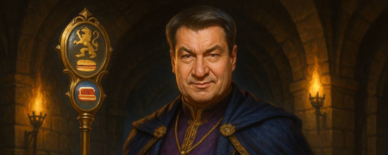 Markus Söder in einem purpurnen Magiergewand mit goldblauer Umhangborte steht in einem mittelalterlichen Steinflur mit Fackellicht. In der linken Hand hält er ein detailreich gestaltetes Spiegelzepter, dessen Symbole zwischen bayerischem Wappen, Leberkäs und einem Löwen wechseln. In der rechten Hand balanciert er ein silbernes Tablett mit einem üppigen Lachsbrötchen. Sein Blick ist direkt, sein Ausdruck stolz – eine Mischung aus Fantasyfürst und Foodblogger.