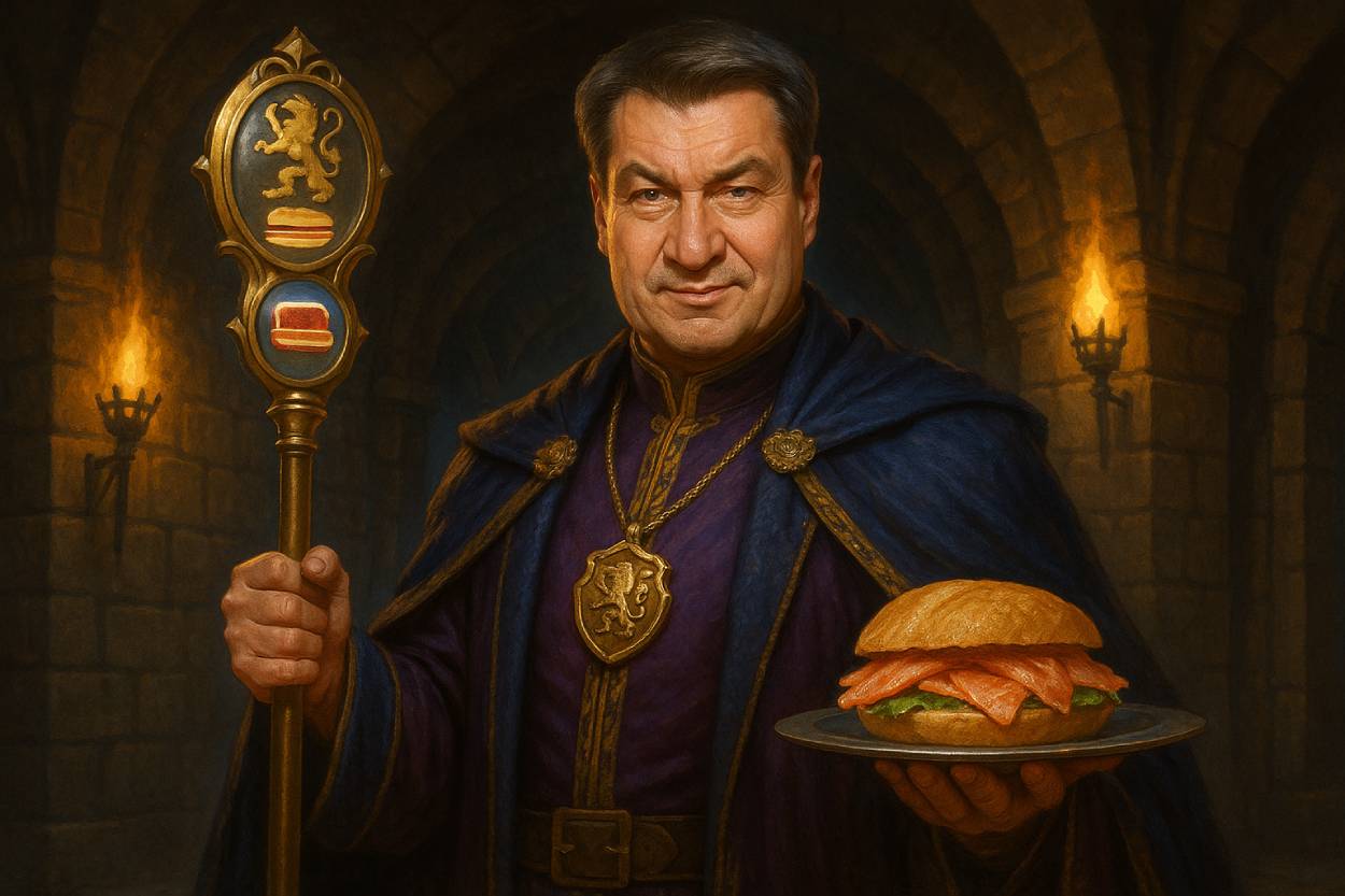 Markus Söder in einem purpurnen Magiergewand mit goldblauer Umhangborte steht in einem mittelalterlichen Steinflur mit Fackellicht. In der linken Hand hält er ein detailreich gestaltetes Spiegelzepter, dessen Symbole zwischen bayerischem Wappen, Leberkäs und einem Löwen wechseln. In der rechten Hand balanciert er ein silbernes Tablett mit einem üppigen Lachsbrötchen. Sein Blick ist direkt, sein Ausdruck stolz – eine Mischung aus Fantasyfürst und Foodblogger.