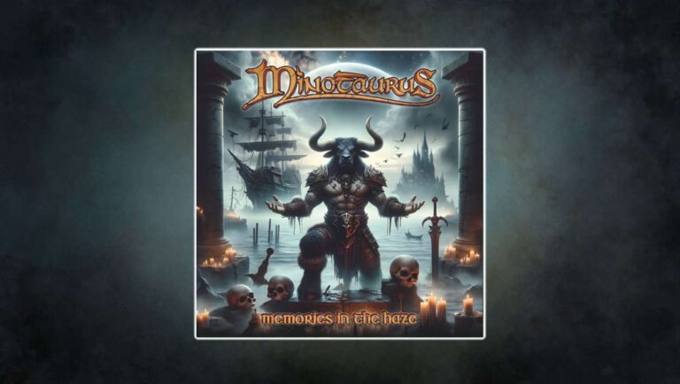 Albumcover von „Memories In The Haze“ der Band Minotaurus: Ein muskulöser, humanoider Minotaurus in Rüstung steht zwischen zwei steinernen Säulen, umgeben von Totenschädeln, Kerzen und einem Schwert. Im Hintergrund ragen eine düstere Burg und ein Segelschiff aus dem Nebel. Mystisch-dramatische Fantasy-Atmosphäre in kühlen Blau- und Grautönen mit warmen Kerzenlichtern.