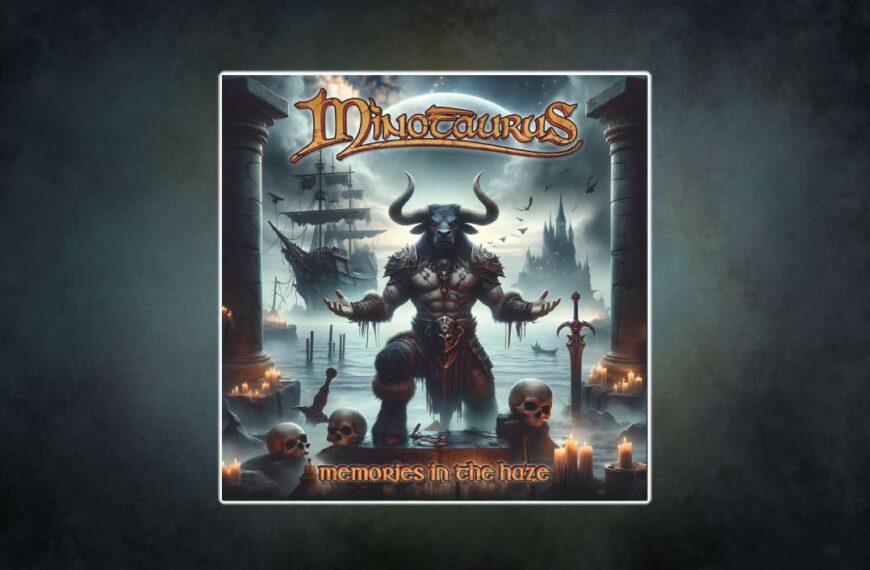 Albumcover von „Memories In The Haze“ der Band Minotaurus: Ein muskulöser, humanoider Minotaurus in Rüstung steht zwischen zwei steinernen Säulen, umgeben von Totenschädeln, Kerzen und einem Schwert. Im Hintergrund ragen eine düstere Burg und ein Segelschiff aus dem Nebel. Mystisch-dramatische Fantasy-Atmosphäre in kühlen Blau- und Grautönen mit warmen Kerzenlichtern.