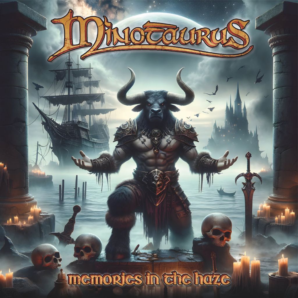 Albumcover von „Memories In The Haze“ der Band Minotaurus: Ein muskulöser, humanoider Minotaurus in Rüstung steht zwischen zwei steinernen Säulen, umgeben von Totenschädeln, Kerzen und einem Schwert. Im Hintergrund ragen eine düstere Burg und ein Segelschiff aus dem Nebel. Mystisch-dramatische Fantasy-Atmosphäre in kühlen Blau- und Grautönen mit warmen Kerzenlichtern.
