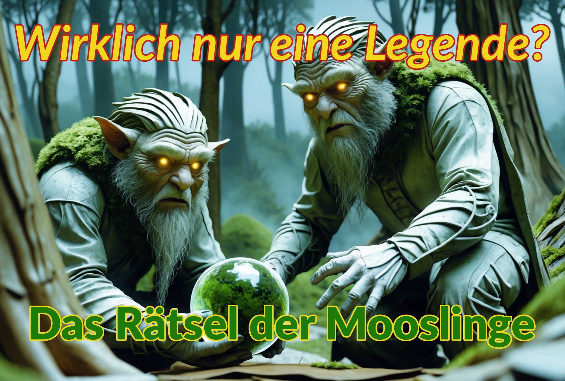 Zwei unheimliche, bärtige Mooslinge mit leuchtend goldenen Augen hocken in einem nebeligen Wald. Sie tragen moosbewachsene Kleidung und starren bedrohlich nach vorn, während einer von ihnen eine grün leuchtende Kugel in den Händen hält.