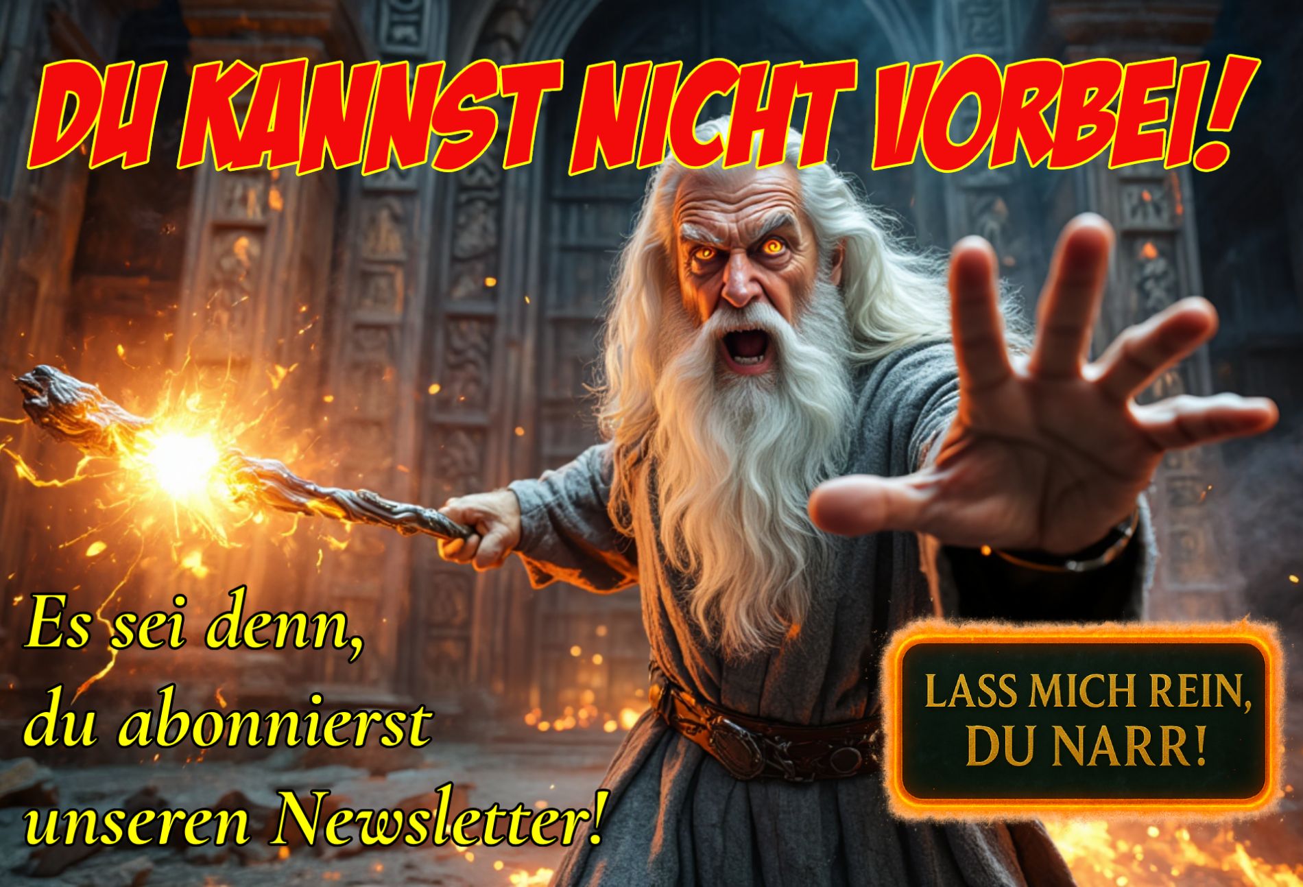 Episches Fantasy-Banner im Stil von Gandalf: Ein weißbärtiger Zauberer blockiert mit erhobenem Stab den Weg und ruft ‚Du kannst nicht vorbei!‘. Darunter der Zusatz: ‚Es sei denn, du abonnierst unseren Newsletter!‘. Rechts unten ein glühender, magischer Button mit der Aufschrift: ‚Lass mich rein, du Narr!