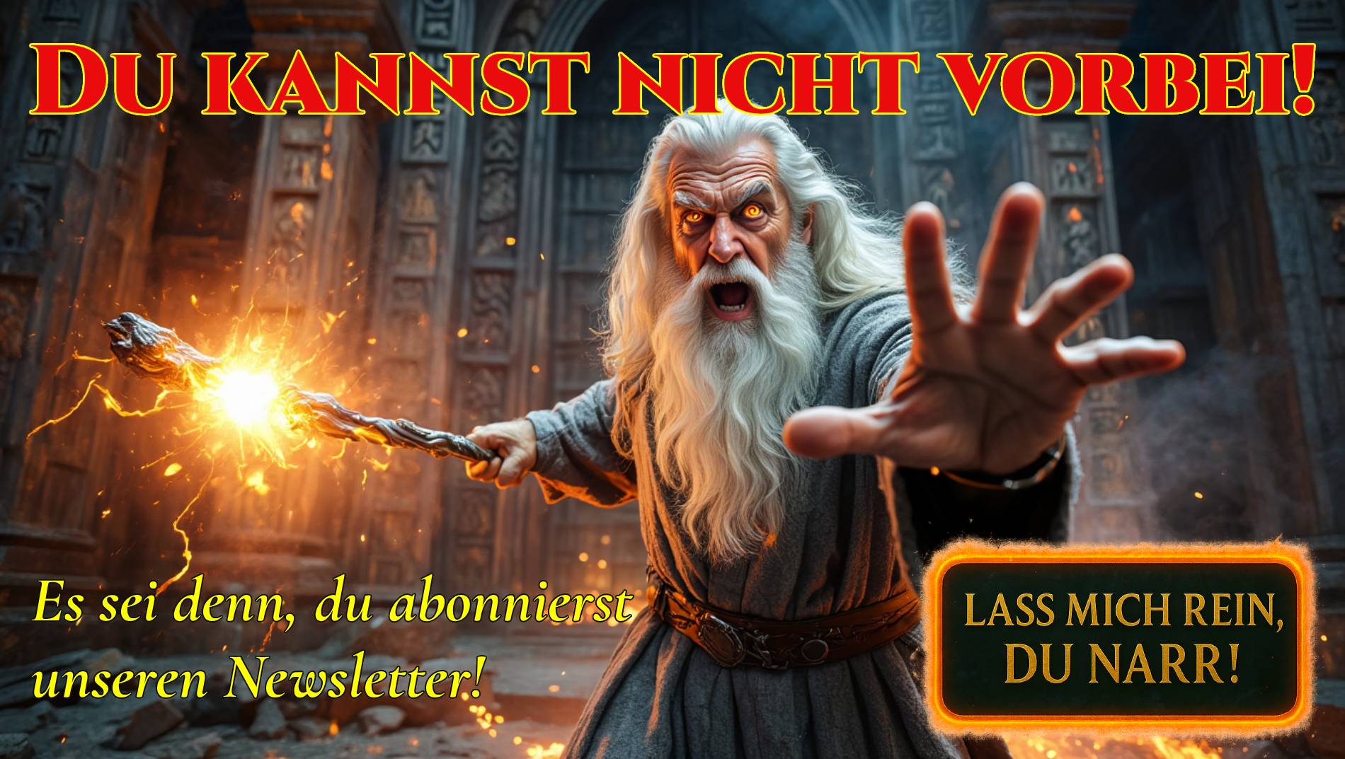 Episches Fantasy-Banner im Stil von Gandalf: Ein weißbärtiger Zauberer blockiert mit erhobenem Stab den Weg und ruft ‚Du kannst nicht vorbei!‘. Darunter der Zusatz: ‚Es sei denn, du abonnierst unseren Newsletter!‘. Rechts unten ein glühender, magischer Button mit der Aufschrift: ‚Lass mich rein, du Narr!