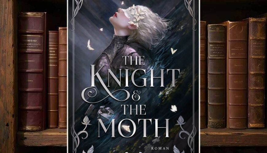 Cover von The Knight and the Moth von Rachel Gillig: Eine weißhaarige Frau in dunkler Kleidung lehnt den Kopf zurück, während helle Motten und Blütenblätter um ihr Gesicht schwirren. Silberne Schriftzüge, ornamentaler Rahmen mit floralen Mustern – gotisch-romantische Ästhetik in gedämpften Grau- und Violetttönen.