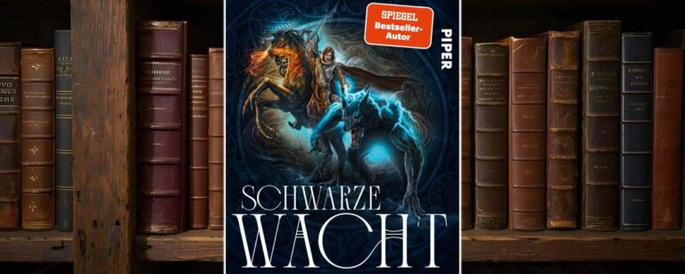 Cover des Romans „Schwarze Wacht“ von Richard Schwartz: Eine Kämpferin steht mit Schwert zwischen einem feurigen Pferd und einem blau glühenden Werwolf, vor dunklem Ornamenthintergrund, Titel in großen weißen Lettern.