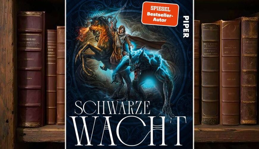 Cover des Romans „Schwarze Wacht“ von Richard Schwartz: Eine Kämpferin steht mit Schwert zwischen einem feurigen Pferd und einem blau glühenden Werwolf, vor dunklem Ornamenthintergrund, Titel in großen weißen Lettern.