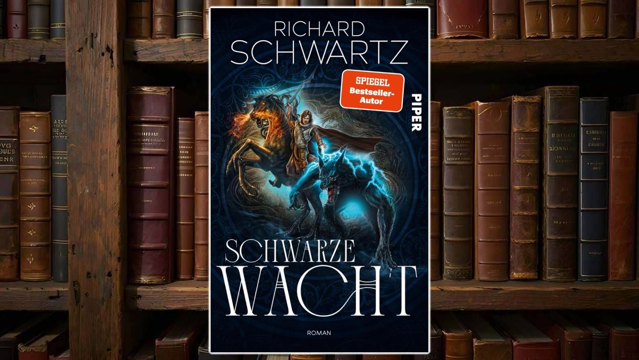 Cover des Romans „Schwarze Wacht“ von Richard Schwartz: Eine Kämpferin steht mit Schwert zwischen einem feurigen Pferd und einem blau glühenden Werwolf, vor dunklem Ornamenthintergrund, Titel in großen weißen Lettern.