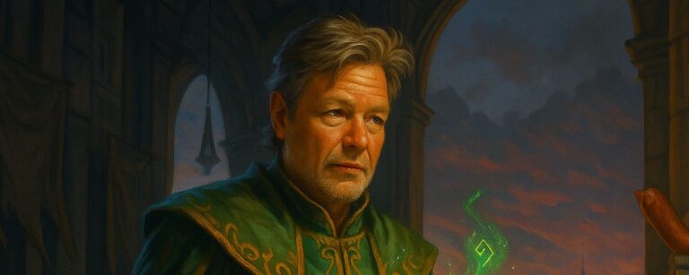 Satirische Fantasy-Illustration: Robert Habeck als grüner Magier mit offenem Zauberbuch und flatternden Runen verlässt einen Parlamentssaal, im Hintergrund leuchten ferne Akademien. Rechts eine Statue hält humorvoll eine Wurst.