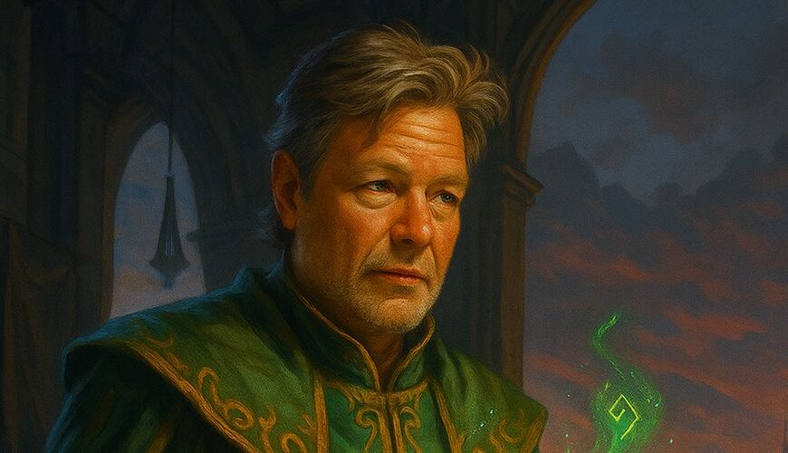 Satirische Fantasy-Illustration: Robert Habeck als grüner Magier mit offenem Zauberbuch und flatternden Runen verlässt einen Parlamentssaal, im Hintergrund leuchten ferne Akademien. Rechts eine Statue hält humorvoll eine Wurst.