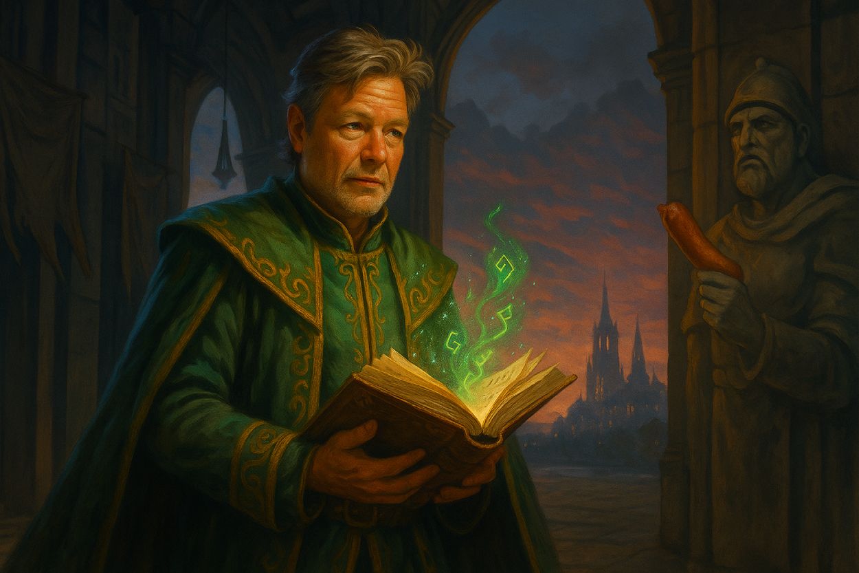Satirische Fantasy-Illustration: Robert Habeck als grüner Magier mit offenem Zauberbuch und flatternden Runen verlässt einen Parlamentssaal, im Hintergrund leuchten ferne Akademien. Rechts eine Statue hält humorvoll eine Wurst.