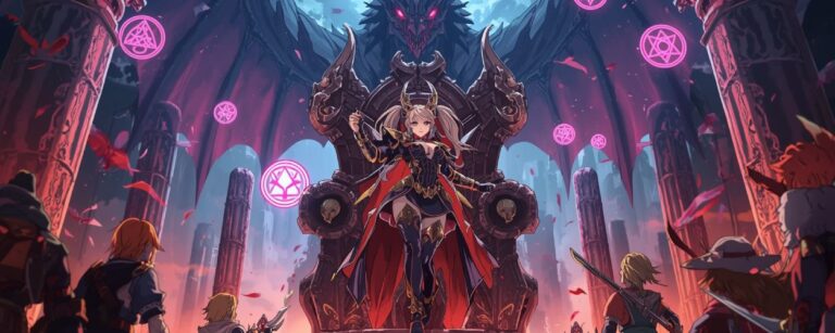 Anime-Keyvisual zu A Wild Last Boss Appeared! mit der Overlordin Lufas Maphaahl auf einem Thron, im Rücken ein Schatten-Drache, umringt von Helden.