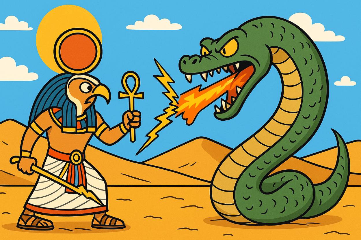 Cartoonartige Illustration: Der ägyptische Sonnengott Re mit Falkenkopf, Ankh und Schwert kämpft in der Wüste gegen die Chaos-Schlange Apophis. Re schleudert einen Blitz, während Apophis Flammen speit. Bunte, humorvolle Darstellung im 2D-Stil.