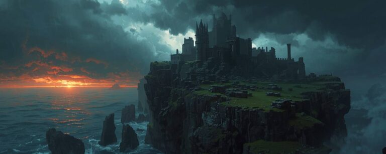 Düsteres Fantasy-Artwork einer gewaltigen Burg auf einer Klippe über stürmischer See, mit dramatischem Sonnenuntergang und bedrohlichen Wolken – inspiriert vom RPG Asterfel.