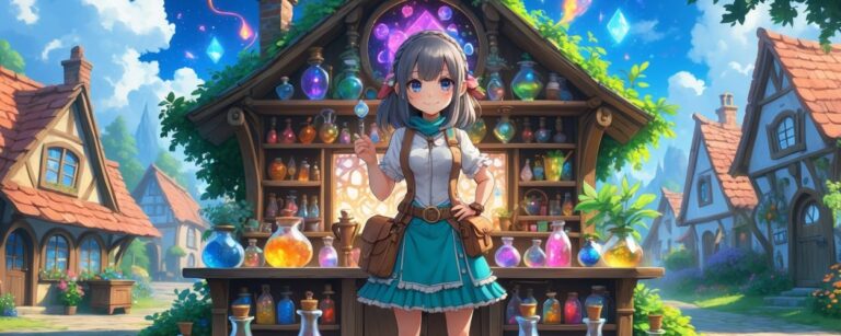 Anime-inspirierte Alchemistin mit magischer Phiole vor einem aufwendig dekorierten Trankladen – leuchtende Zaubertränke, strahlender Himmel, märchenhaftes Fantasydorf.