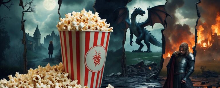 Satirische Fantasy-Filmcollage mit übergroßem Popcornbecher, traurigem Ritter vor brennender Burg, Drache im Hintergrund und düsterer Schlosskulisse.