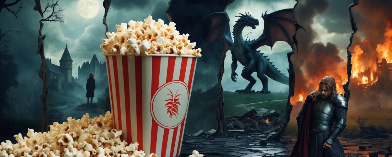 Satirische Fantasy-Filmcollage mit übergroßem Popcornbecher, traurigem Ritter vor brennender Burg, Drache im Hintergrund und düsterer Schlosskulisse.