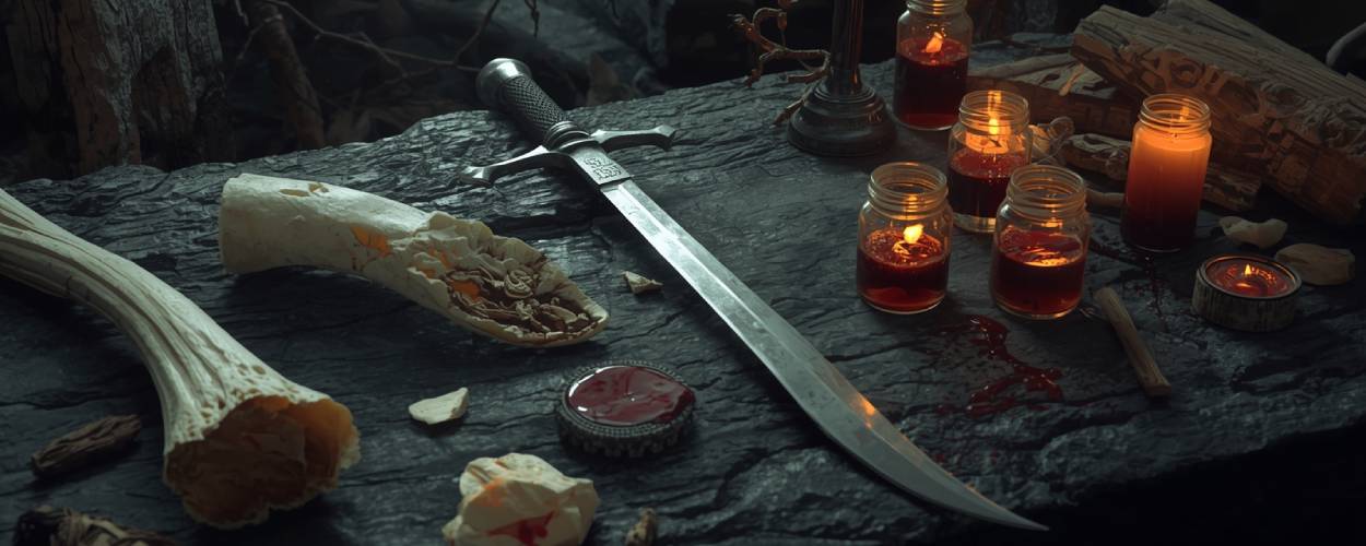 Ritualisches Fantasy-Stillleben auf einem Steinaltar mit zerbrochenen Knochen, Schwert, Blutphiolen und Kerzen – Symbolbild für Blut- und Knochenmagie.