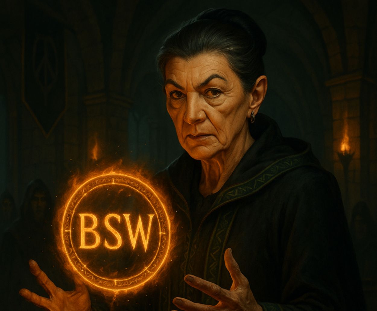 Düstere Fantasy-Karikatur einer Zauberin mit strengem Gesicht und hochgestecktem Haar, die in einem gotischen Ratssaal das leuchtende Kürzel BSW als magischen Bannkreis beschwört.