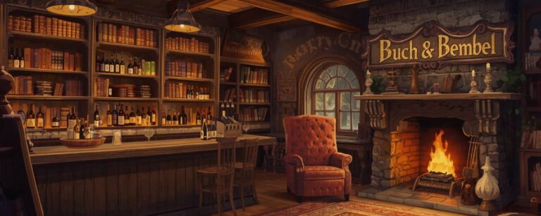 Gemütliche Buchhandlung mit rustikaler Bar, Wein im Glas und fantastischer Bibliothek – Konzept „Buch & Bembel“.