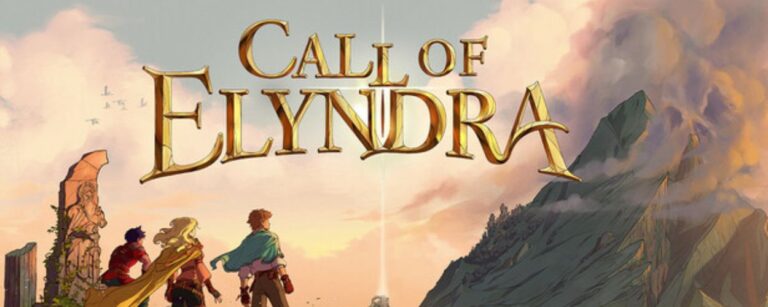 Titelbild von „Call of Elyndra“: Drei Abenteurer blicken auf eine magische Landschaft mit Ruinen, Lichtstrahl und Bergen im Abendrot – irgendwo zwischen Pixelcharme, Final-Fantasy-Epos und Indie-Magie.