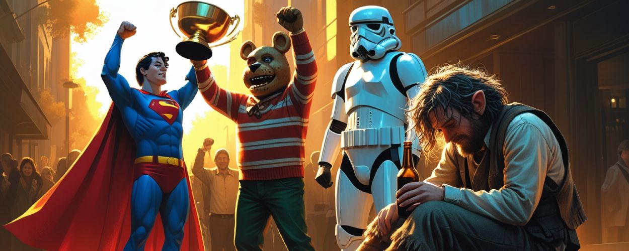 Superman, Freddy-Krueger-Ersatzfigur und ein Stormtrooper feiern jubelnd mit Pokal, während ein zerzauster Hobbit mit Fellfüßen und Flasche deprimiert am Straßenrand sitzt.