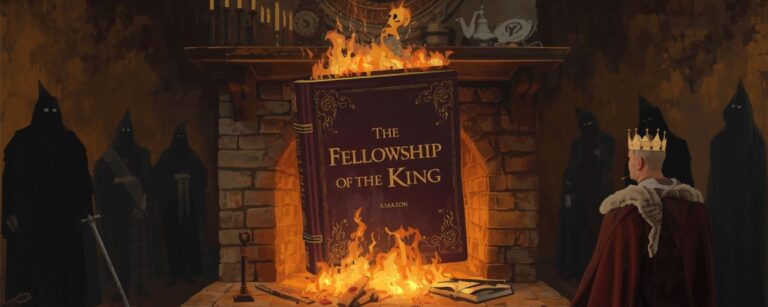 Ein riesiges Buch mit dem Titel »The Fellowship of the King« brennt im Kamin, während ein gekrönter Autor hilflos zusieht – Sinnbild für Polychrons gescheiterte Tolkien-Klage.