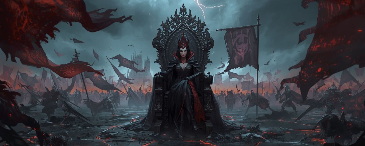 Avyanna auf einem zerbrochenen Obsidianthron im düsteren Fantasyreich – Banner flattern, der Boden leuchtet in taktischen Hexfeldern.