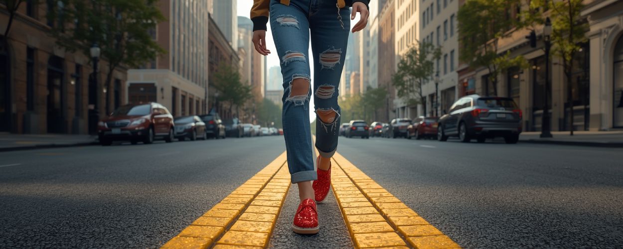 Eine junge Frau geht in roten Schuhen über einen gelben Ziegelsteinweg, der surreal durch eine moderne amerikanische Stadt verläuft – Symbolbild für Amazons neue Dorothy-Serie.