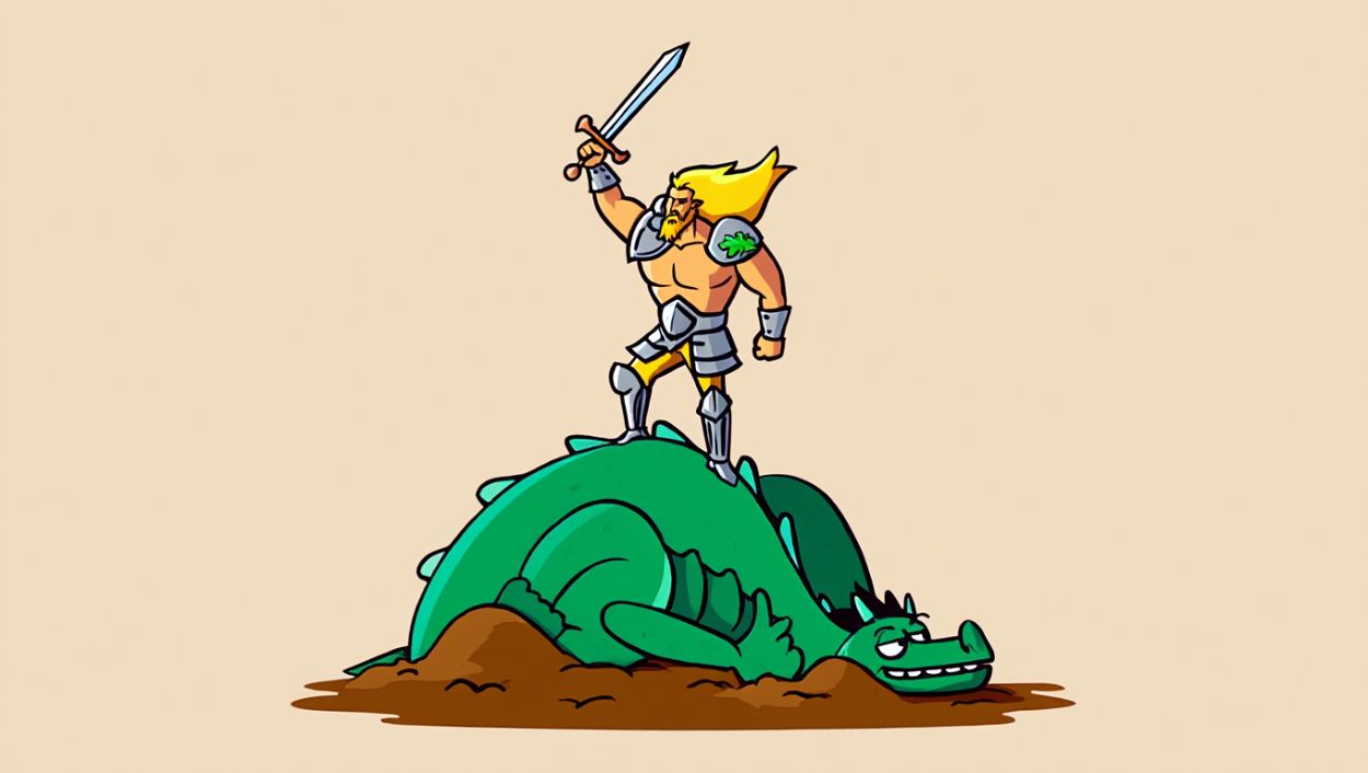Cartoonillustration: Siegfried steht triumphierend mit Schwert auf dem besiegten Drachen Fafnir. Ein kleines grünes Lindenblatt klebt auffällig auf seiner Schulter, während Fafnir genervt und spöttisch nach oben blickt.