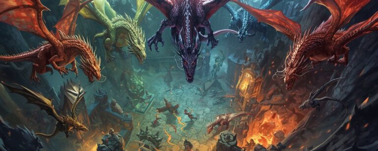Zehn Drachen über einer gewaltigen Dungeon-Karte – jeder thront über seinem eigenen Hort, während Abenteurer zum Kampf aufbrechen.