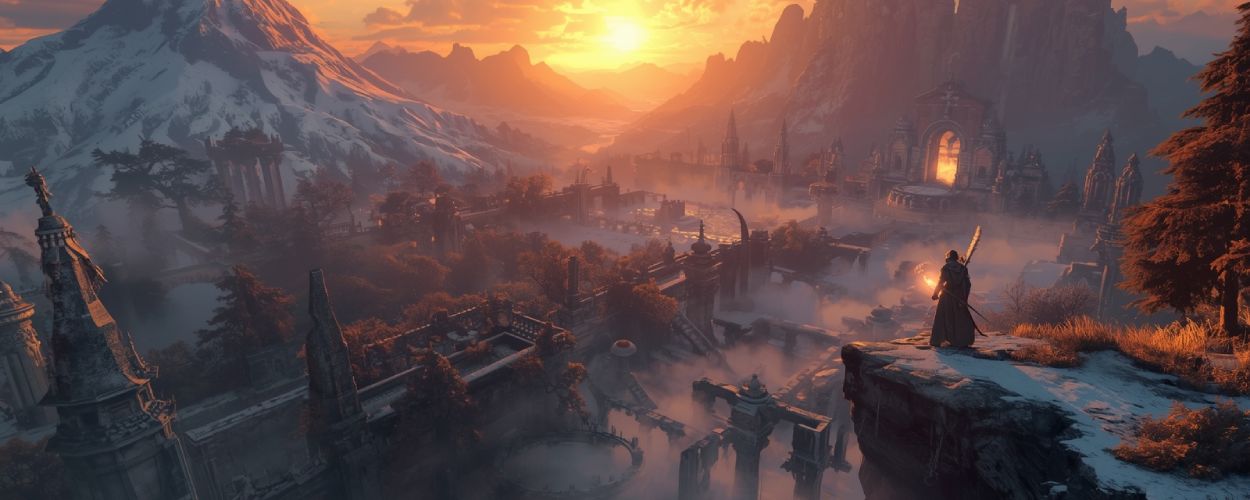 Epische Elder-Scrolls-Landschaft mit Pilzwäldern, Draugr-Ruinen und den Toren von Oblivion – inspiriert von Sandersons Lob.