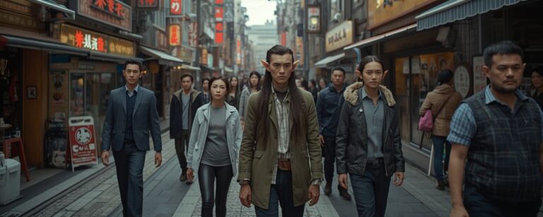 Elfen mit spitzen Ohren laufen selbstverständlich unter Menschen durch die Straßen von Kanagawa, mit Neonlichtern und modernen Geschäften.
