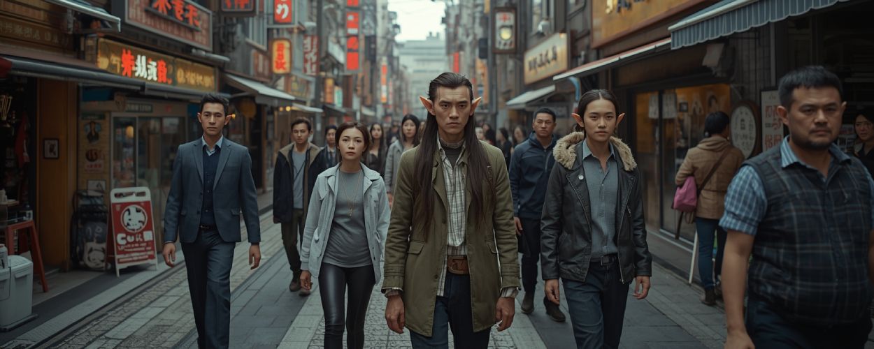 Elfen mit spitzen Ohren laufen selbstverständlich unter Menschen durch die Straßen von Kanagawa, mit Neonlichtern und modernen Geschäften.